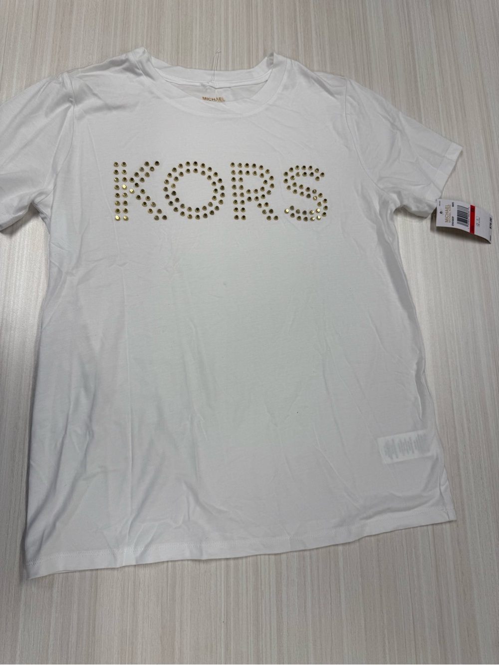 Michael Kors White Tee with Gold Studded Logo. Modal/Cotton. PTP 19”. Length 24”
